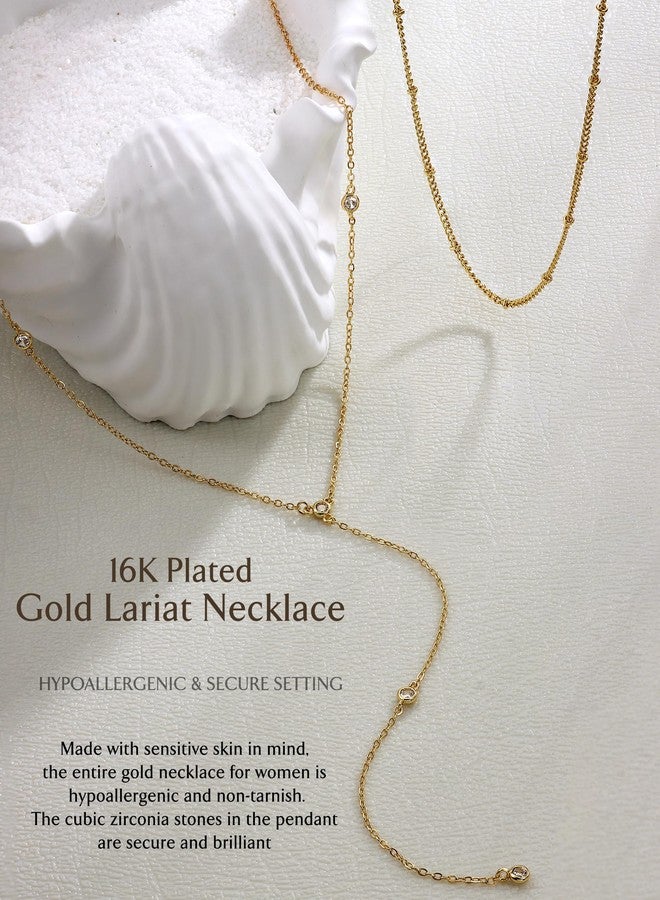 Krfy Lariat Long Necklace for Women, 16K Plated Gold Necklace for Women Dainty, Drop Necklace, Y-Shaped CZ Layered Necklaces, Adjustable Chain Jewelry - Image 2